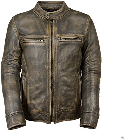 Cafe Racer Distressed Wax Men's Biker Vintage Triple Stitch Style Motorcycle Leather Jacket (Large)
