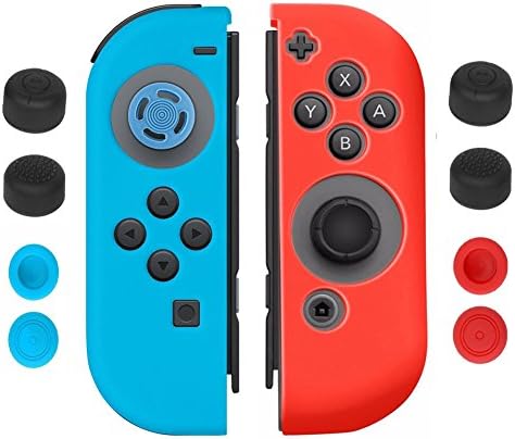 CXZing Nintendo Switch Joy Con Gel Guards, Red Blue Protector Skin Case Cover with 8 Thumb Caps