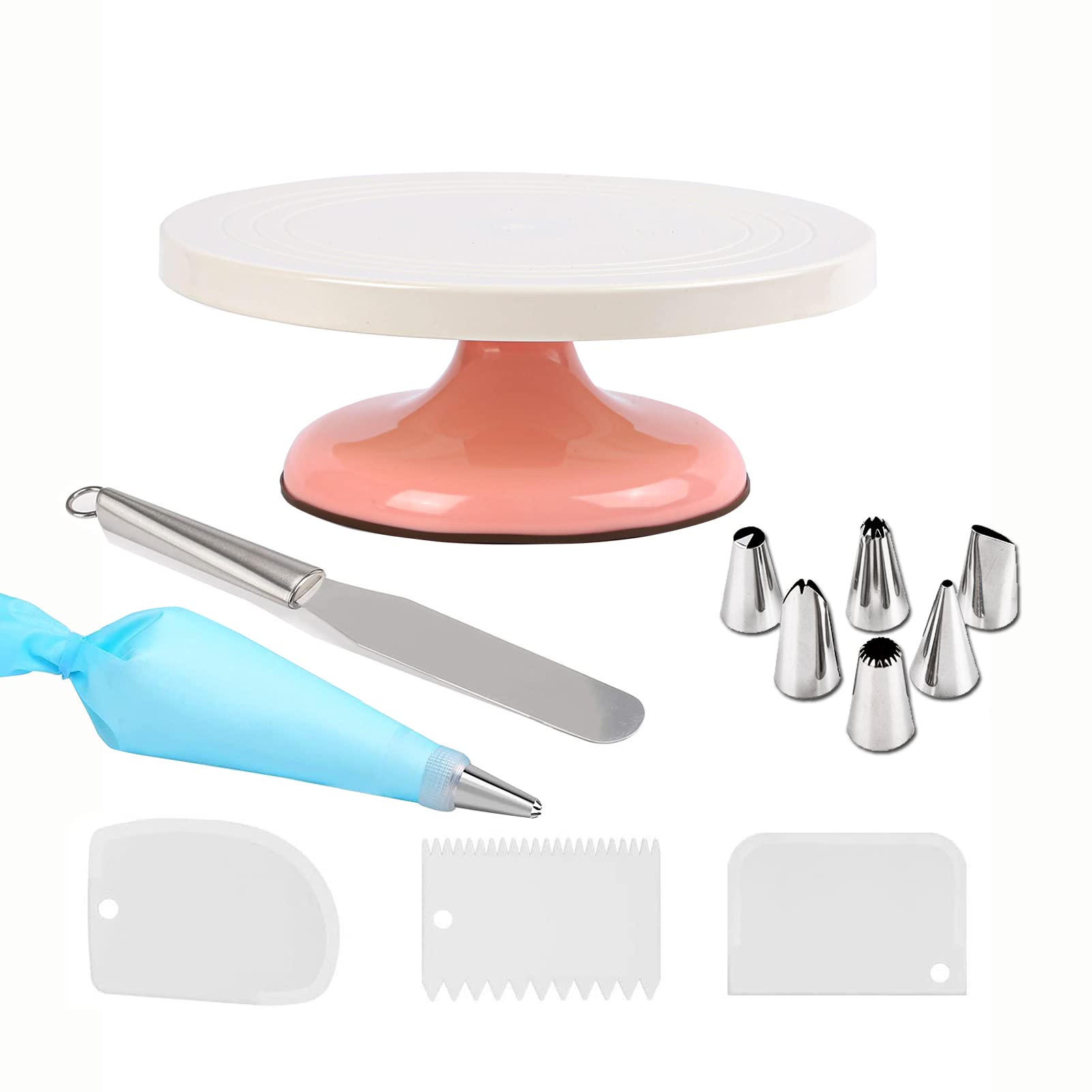 Cake Turntable Rotating, Upgraded Cake Decorating Supplies with Piping Tips Set, Icing Scrapers, Stainless Steel Icing Spatula for Baking Cake Making Pink