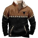 DMOYALA Western Fleece Jackets Men Aztec Fleece Fuzzy Pullover Winter Half Zip Stand Collar Vintage Western Sweater Pockets