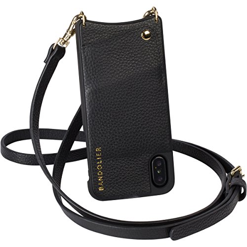 Bandolier [Emma] Crossbody Phone Case and Wallet - Compatible with iPhone X & XS - Black Leather with Gold Accent