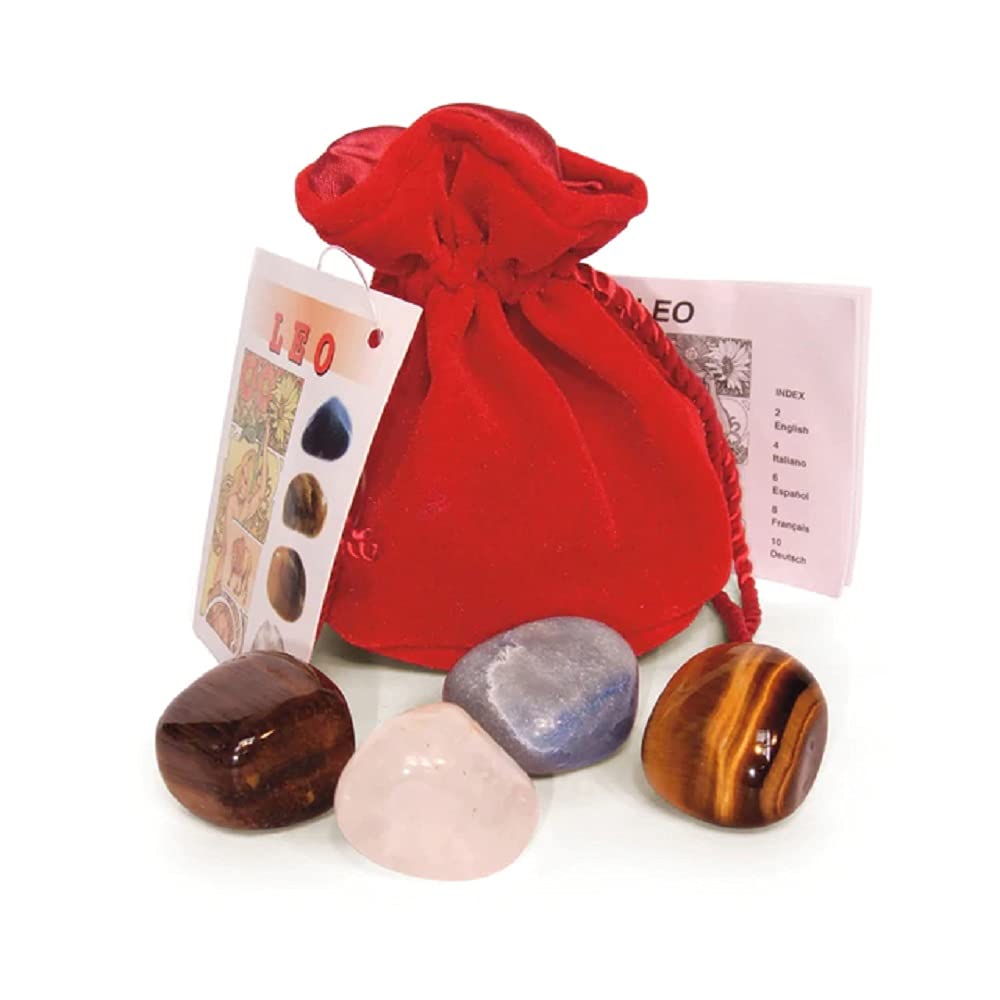 Leo Crystals Tumblestone Set - Blue Agate, Petrified Wood, Tiger Eye, Clear Rock Quartz - Reiki Charged - Star Sign Zodiac