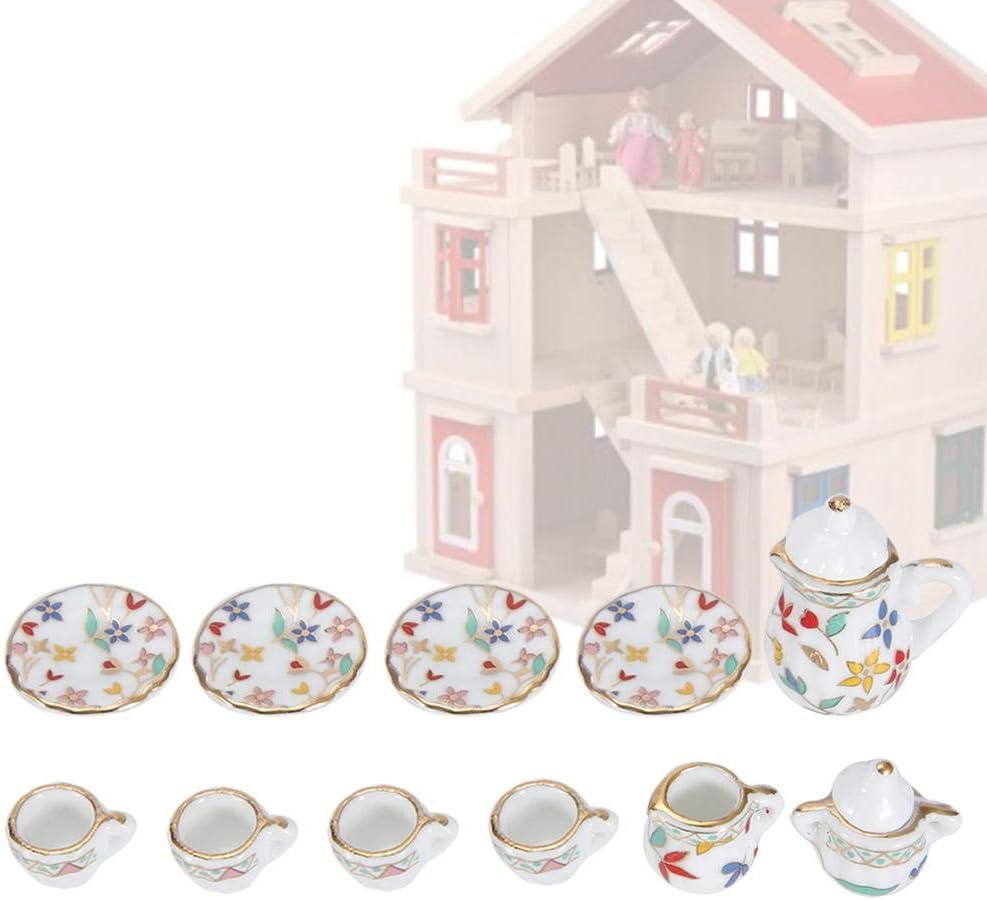 1:12 Dollhouse Accessory, 15pcs Mini Porcelain Flower Tea Cup Set Doll House Decor Kitchen Miniature Simulation Furniture Set Model for Baby Boy Girl Dollhouses(Tye 3) - Image 3