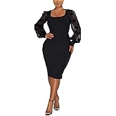 acelyn Women's Sexy Mesh Long Puff Lantern Sleeve Bodycon Dress Square Neck Ribbed Club Party Cocktail Midi Dresses
