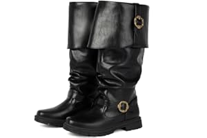 Pesmotiv Men's Pirate Boots Knee High Renaissance Medieval Leather Combat Boots for Halloween Costume Steampunk Cosplay Jack Sparrow Style