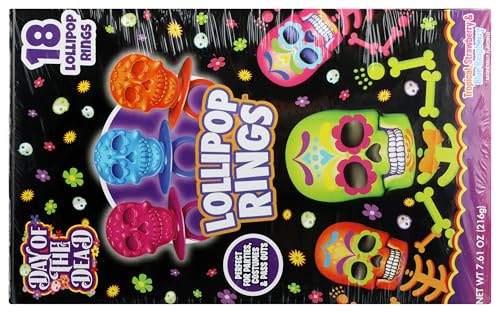 HALLOWEEN DAY OF THE DEAD SUGAR SKULL LOLLIPOP RINGS,7.61 OUNCE, BOX OF 18