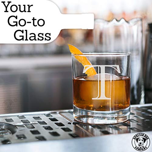 Etched Monogram 10.5oz Rocks Old Fashioned Lowball Glass for Whiskey Scotch Bourbon (Letter T)