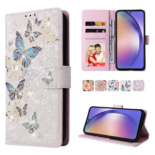 UEEBAI Wallet Case for Samsung Galaxy A35 5G, PU Leather Phone Case Kickstand RFID Blocking Flip Case Card Slots Wrist Strap Relief Engraved Pattern Magnetic Closure Folio Case - Blue Butterfly