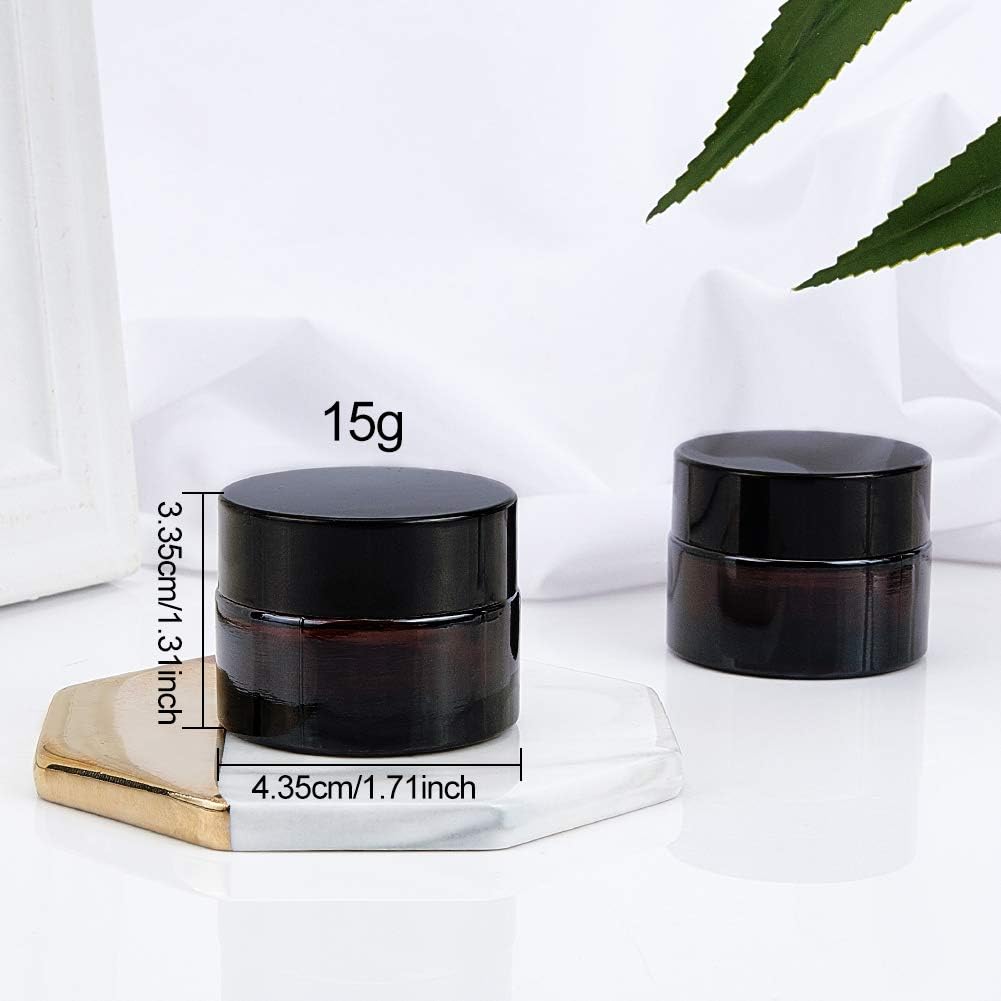 BENECREAT 15 Pack 15ml/15g Dark Amber Cosmetic Glass Jars with White Inner Liners and Black Plastic Lids Amber Round Glass Jars with 2PCS Spoons for Beauty Lotions Creams Makeup - Image 3