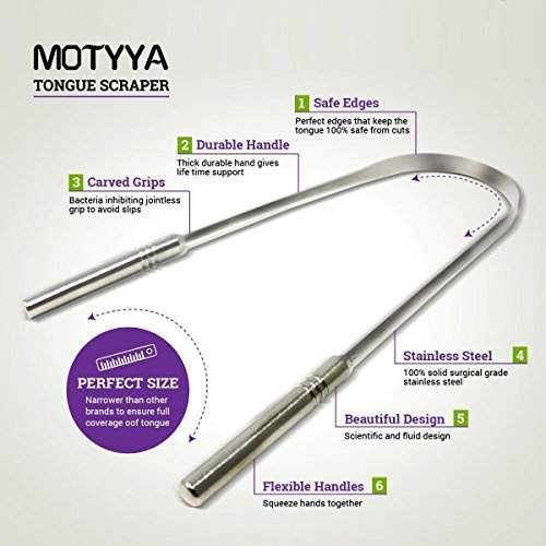 Tongue Cleaner Scraper, Medical Surgical Grade Stainless Steel Metal Tongue Sweeper Dentist Recommended Used for Oral Bacteria Inhibiting and Eliminates Bad Breath by MOTYYA (2pack)