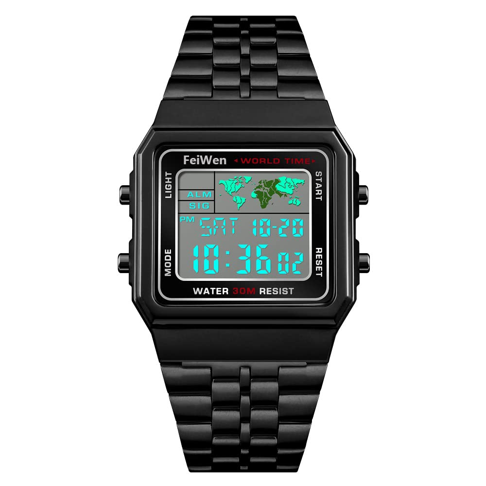 FeiWen Unisex Plastic Case and Stainless Steel Digital Sports Watches for Men and Women Fashion LED Display Multifunction Stopwatch Calendar Alarm Countdown Wristwatches, Black