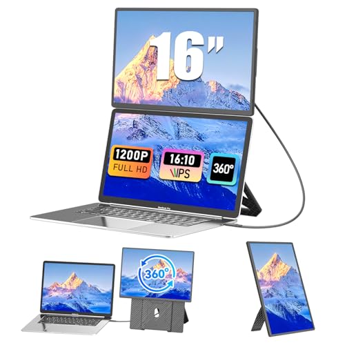 Portable Monitor, Upgraded 16" FHD 1200P Laptop Screen Extender, Adjustable Up and Down and 360°, Travel Monitor for Laptop, Laptop Screen for Windows/PC/Mac