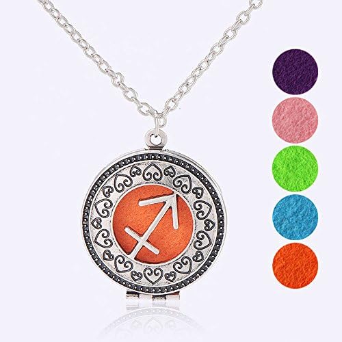 Aromatherapy Essential Oil Diffuser Necklace Sagittarius Zodiac Sign Pendant Locket Jewelry, 5 Refill Pads