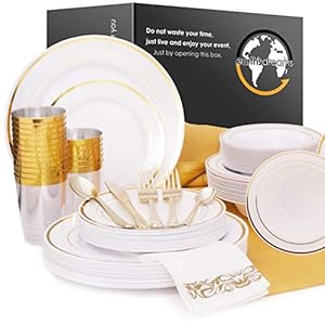 Earths-Dream-Gold-Plastic-Plates-Set-A-Complete-Disposable-Dinnerware-Set-with-100-Party-Plates-25-Dinner-25-Salad-25-Soup-25-Dessert-125-Gold-Silverware-25-Cups-50-Napkins-Table-Runner Earth’s Dream Disposable Dinnerware Set for Christmas: 100 Gold Plastic Plates Set for Party (25 Dinner, 25 Salad, 25…