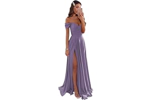 GODCUN Satin Bridesmaid Dresses Long V Neck Ruched Off The Shoulder Formal Prom Dresses for Women