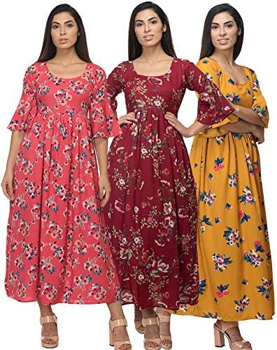 Raghumaya Ladies Printed Poly Crepe Maxi Casual Dress with Inner Lining - (3 Pcs Combo)