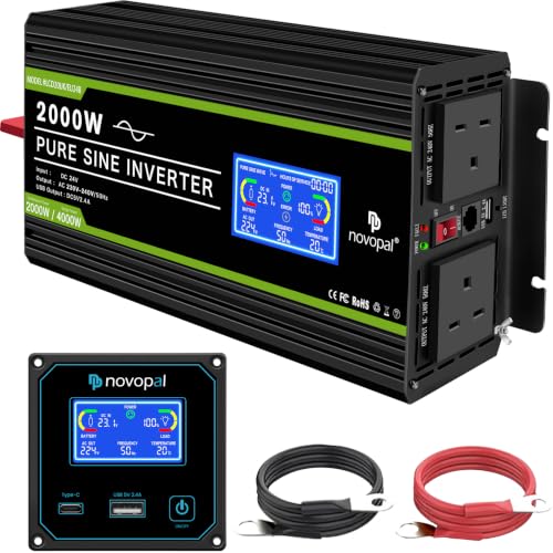NOVOPAL 2000W Pure Sine Wave Inverter 24V to 230V 240V Car Power Converter with LCD Display, 2 UK Outlets,1 USB Port,Remote Control for Motorhomes, Truck, Boat, Camping, Household, Van