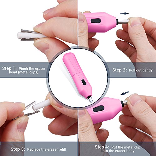Electric Eraser Kit - XREXS Battery Operated Eraser with 10 Eraser Refills, Auto Pencil Eraser for Students, Artists 2 AAA Batteries not included (pink)