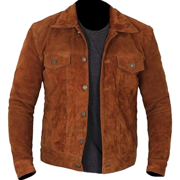 Men's Suede Leather Trucker Jacket Button Front Flap Pockets Brown