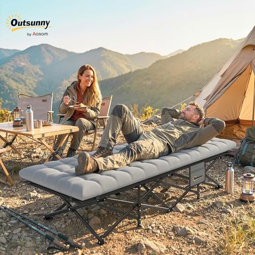 Outsunny Camping Cot with Soft Pad, 32" Extra Wide Folding Cots with Non-Slip Feet and Carry Bag, Heavy Duty Portable Oxford Sleeping Bed, 440 lbs Capacity, Grey