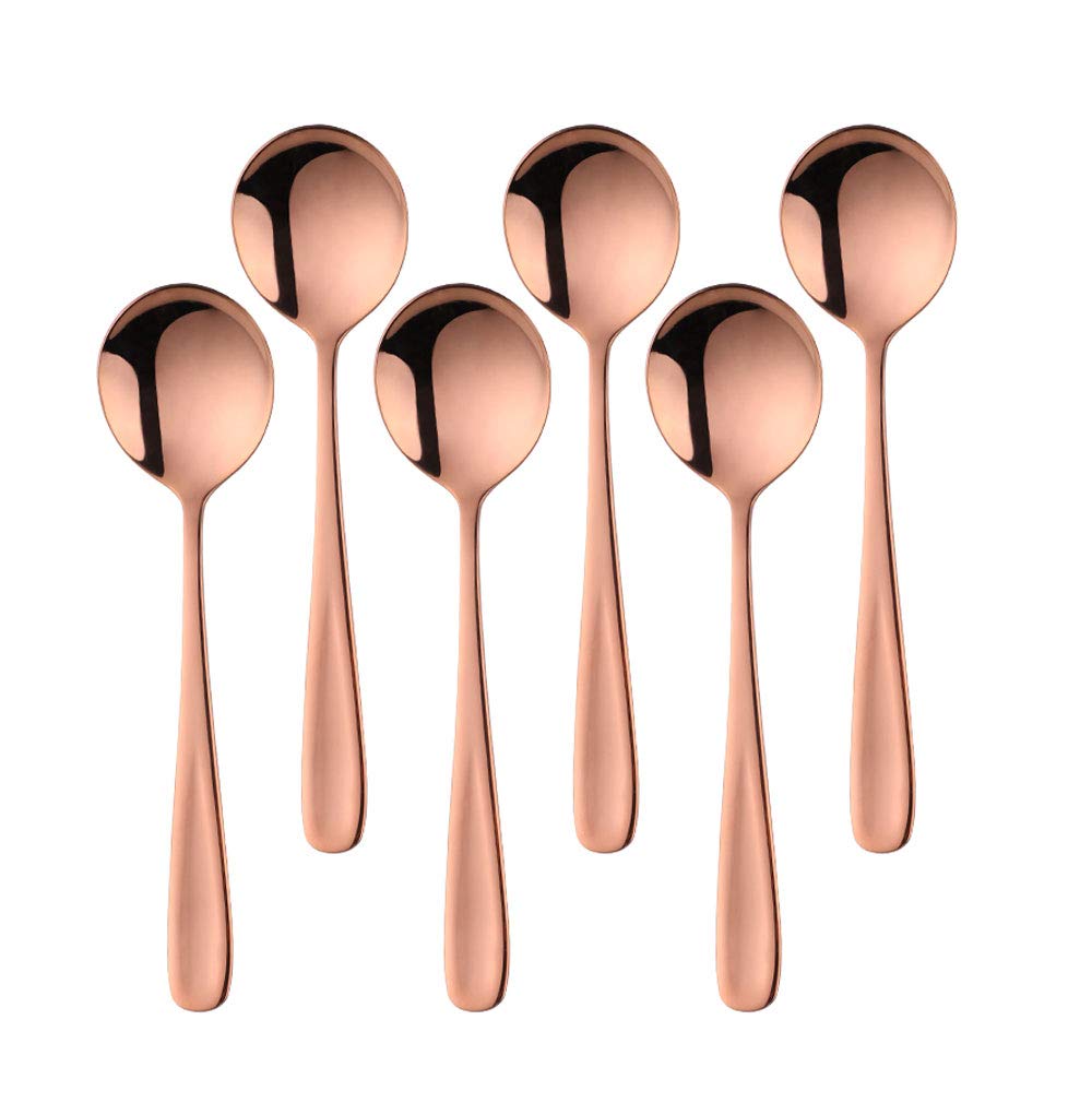 BISDARUN Round Soup Spoons Set of 6 Rose Gold Dinner Spoons 18/10 Stainless Steel Table Spoons 17.5 cm Length, 4.5 cm Width
