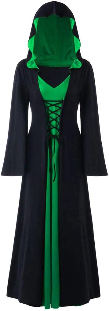Juner Women's Plus Size Halloween Hooded Lace Up Patchwork Long Sleeve Long Maxi Dress