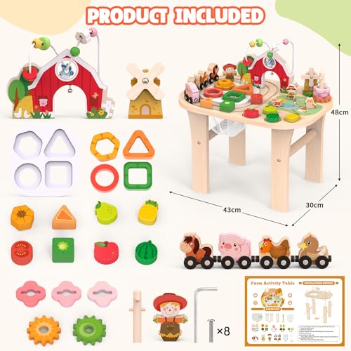 Weilim Montessori Wooden Activity Table, 1 Year Old Baby Toy with Bead Maze and Animal Shape Sorter and Train, Sensory Table, Educational Toy for Children from 12 Months