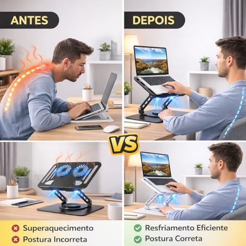 Suporte para Notebook de até 17” em Aço Carbono, Ajustável, Dobrável, Base Giratória 360° e Ventilação 2 coolers, Ergonômico e Portátil para Home Office e escritório, também para tablets e celulares