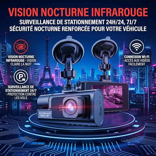 Dashcam 3 Cameras 1080P Full HD | Maximum 360° Security with No Dead Angle, Night Vision and Parking Monitored, Built-in WiFi Motion Detection, Ideal for Drivers