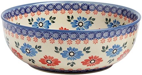 Polish Pottery Blue and Red Floral Large Mixing Bowl, Handmade Ceramic, 8.25โL x 8.25โW x 3โH (42-Ounce Capacity)