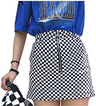 XIAFEIMANTIAN retro rok punk unif style plaid circle zipper mini Skirt Black M