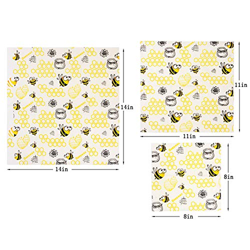Beeswax Food Wrap-3 Pack Reusable Bees Wax Cover Paper Wraps for Food Storage,Eco Friendly Plastic Free Beeswrap Set,Small,Medium&Large Bee Sandwich Wrap Washable Bowl Covers for Home&Outdoors (Bee)
