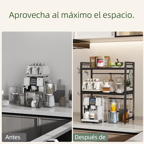 NETEL Extendable 3 Tier Microwave Stand, Adjustable Countertop Microwave Shelf, Kitchen Countertop, Microwave Organizer with Cup Holder and 8 Hooks, Black