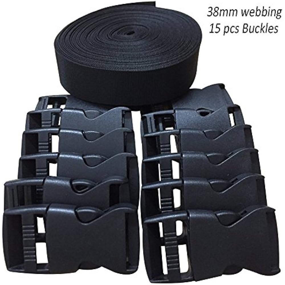 38mm Wide 10 Yards Black Nylon Webbing Strap 15 Pcs Adjustable 2day