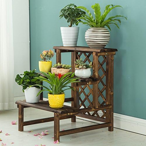 MILUCE Three-tier Ladder Flower Rack, Carbonization Anti-corrosion Solid Wood Flower Pot Rack, Multi-purpose Indoor And Outdoor Plant Stands ( Size : 60*60*68cm )