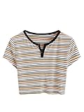 DIDK Women's Contrast Neck Rib Knit Striped Crop Tee Top Multicolor S