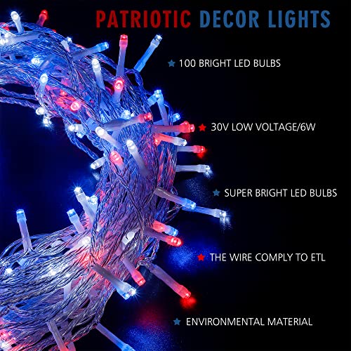 Hopolon 4th of July Decorations Outdoor LED String Lights 33FT 100 LED