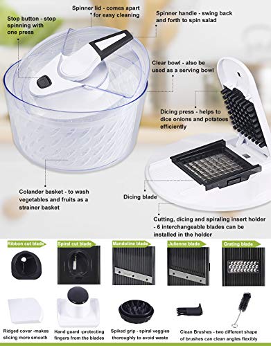 FAVIA 5.5L Large Salad Spinner Manual Lettuce Dryer Vegetable Washer with Multifunctional Vegetable Slicer BPA Free Dishwasher Safe 6 Quart