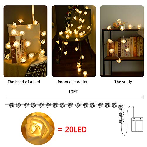 LOLStar Valentine\'s Day String Lights 10FT 20 LED Rose Flower LED Lights Battery Operated for Wedding Party Birthday Girl\'s Bedroom Indoor Decorations Large Rose Diameter 2.7inch (White)