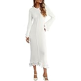 Saodimallsu Womens Bell Long Sleeve Knit Dress Ruffle Bodycon Ribbed Cocktail Party Crew Neck Midi Sweater Dresses