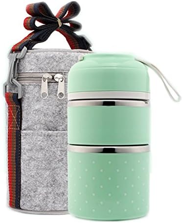 ZHNONE Portable Cute Stainless Steel Insulation Lunch Bento Box Food Carrier Container with Lunch Bag, 1-3 Layer-(Green,2 Layer)