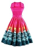Wellwits Women's Sunset Surf Pattern Square Neck Collar Swing Dress with Belt