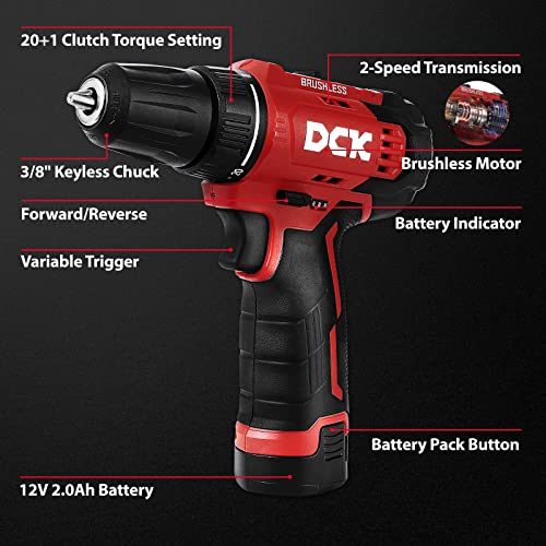 DCK Brushless Cordless Drill Set, 12V Cordless Drill with 2.0Ah Battery and Charger, 3/8’’ Keyless Chuck, 2 Variable Speeds, 20+1 Torque Power Tool Kit for Screw Wood/Ceramic/Tile/Metal (KDJZ23-10)