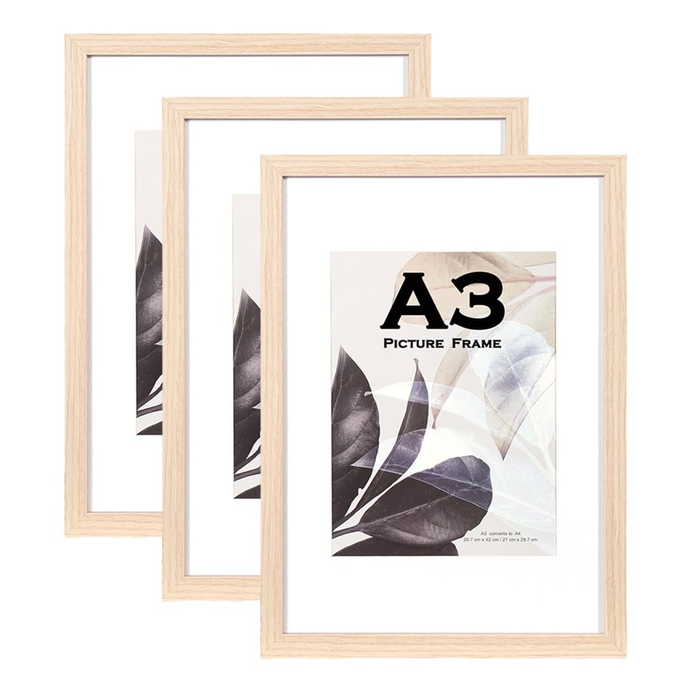 Scholar Tree Natural Wooden Picture Frame A3 with Mat,Set of 3, Mount for A4 Picture or Certificate,Wall Mountable — image 1