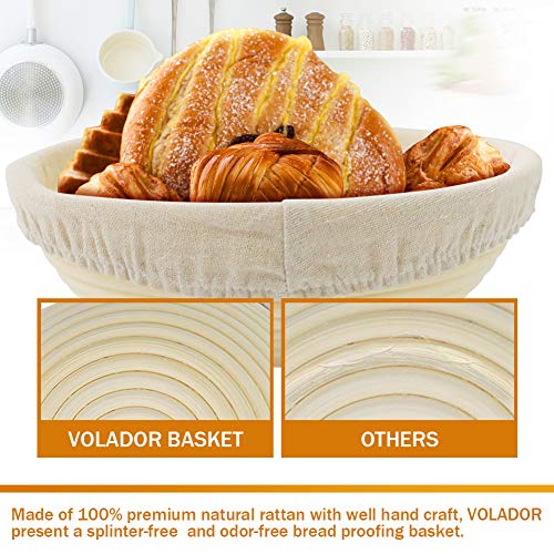 VOLADOR 9 inch Bread Proofing Banneton, Round Dough Bowl Proving Rattan Baskets for Sourdough with Linen Liner & Scraper & Razor Blades & Stencils