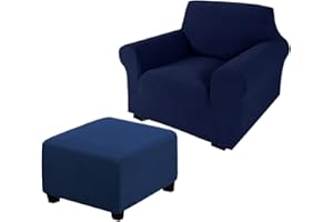 Andreannie Navy Blue Stretch Jacquard Chair Slipcovers Armchair Sofa Covers Chair Couch Covers for Armchair Bundle Ottoman Slipcover (Navy Blue)