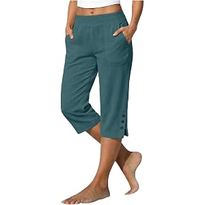 KioraLee Cotton Linen Capri Pants for Women Petite Straight Leg Tummy Control Capris with Pockets Casual Summer Cropped Pant