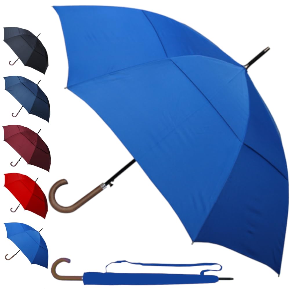 60MPH Windproof Umbrella Large Strong Umbrella - StormDefender City - Best for Vented Double Canopy - Auto Open - Solid Wood Hook Handle - Rainproof Designer Big Golf - Azure Blue
