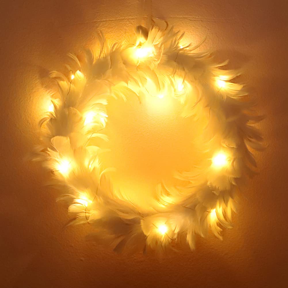 Uposao White Feather Wreath, Christmas Wreath with LED Lights, Decorative Front Door Wreath for Indoor Outdoor Bedroom Wedding Party Decoration