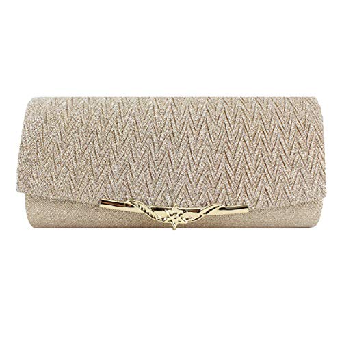 CLARA Women Shining Satin Chain Evening Bag Pleated Flap Party Clutch Purse Metal Decor Party Handbag Champagne